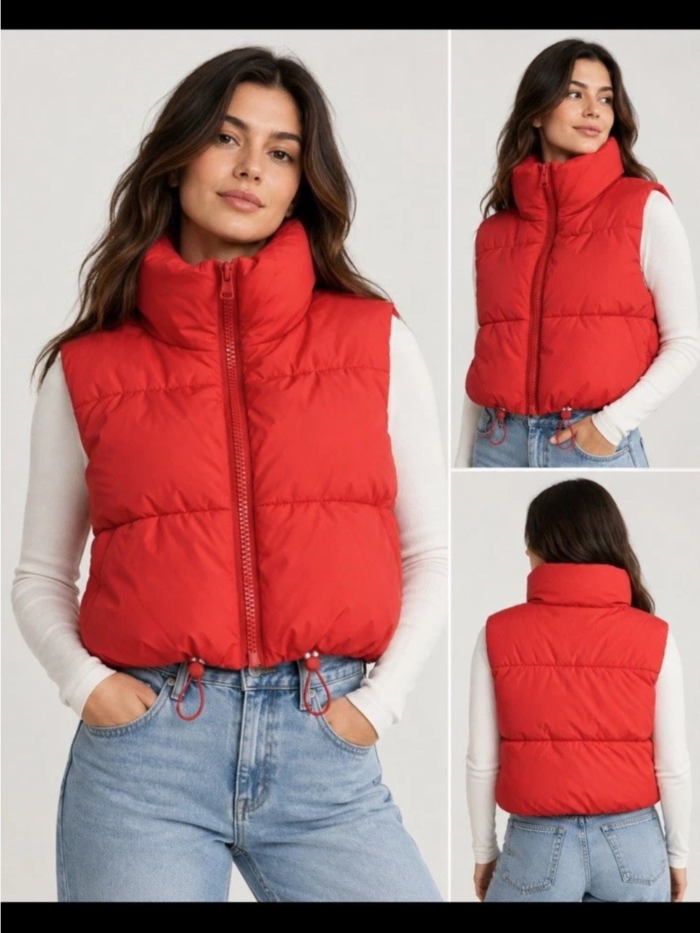 Women's Red Quilted Puffer Vest with High Collar